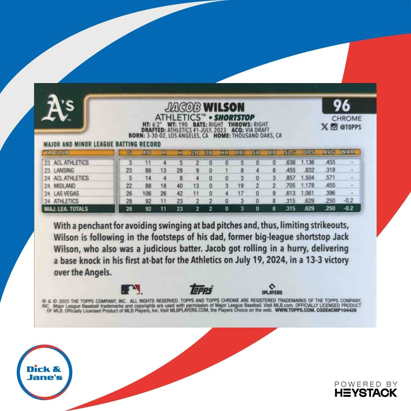 2025 Topps Chrome Jacob Wilson Prism Refractor #96 RC Athletics - Sports Cards