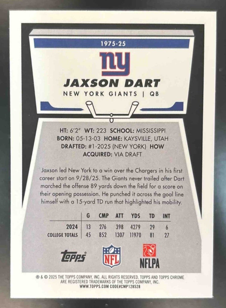 2025 Topps Chrome Jaxson Dart 1975 #1975-25 RC New York Giants - Sports Cards