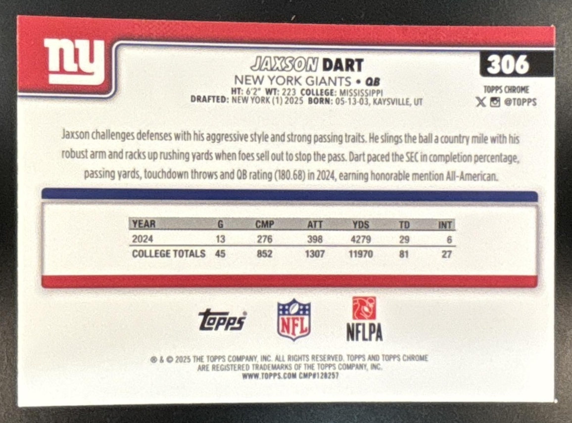 2025 Topps Chrome Jaxson Dart Rookie Lime Green X-Fractor #306 RC Giants - Sports Cards