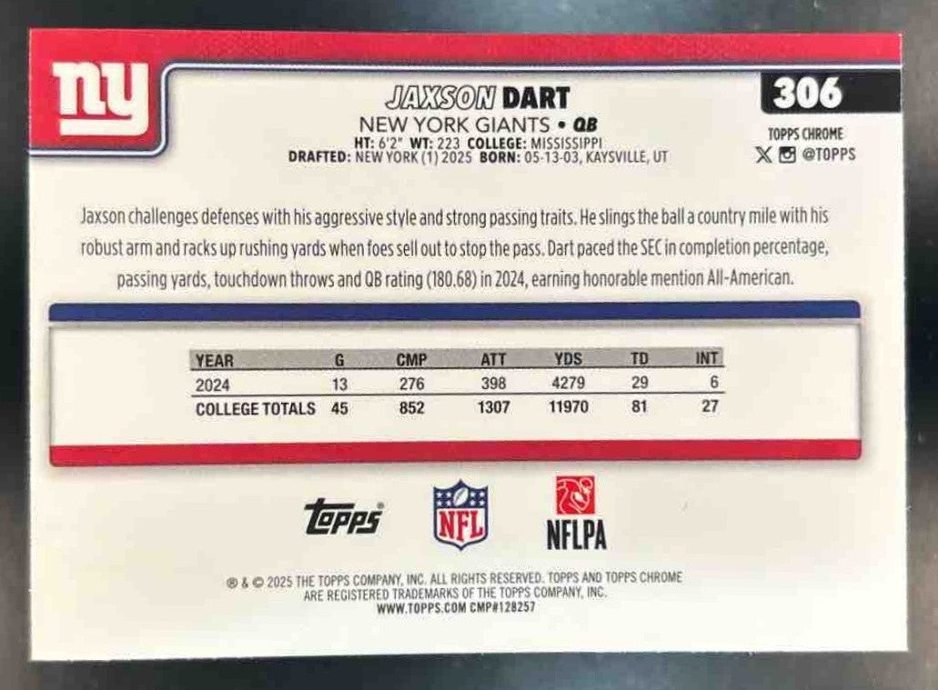 2025 Topps Chrome Jaxson Dart Rookie Prism Refractor #306 RC New York Giants - Sports Cards