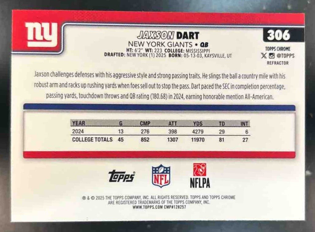 2025 Topps Chrome Jaxson Dart Rookie Refractor #306 RC New York Giants - Sports Cards