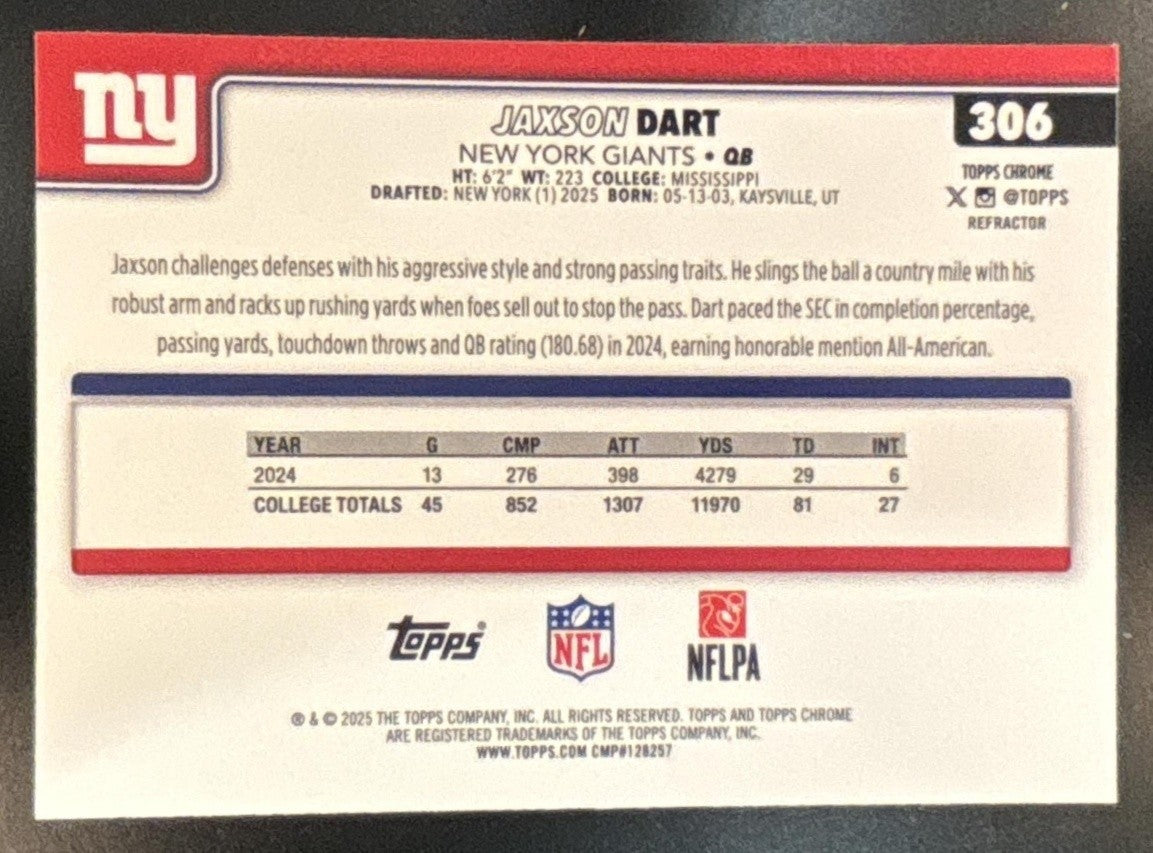 2025 Topps Chrome Jaxson Dart Rookie Refractor #306 RC New York Giants - Sports Cards