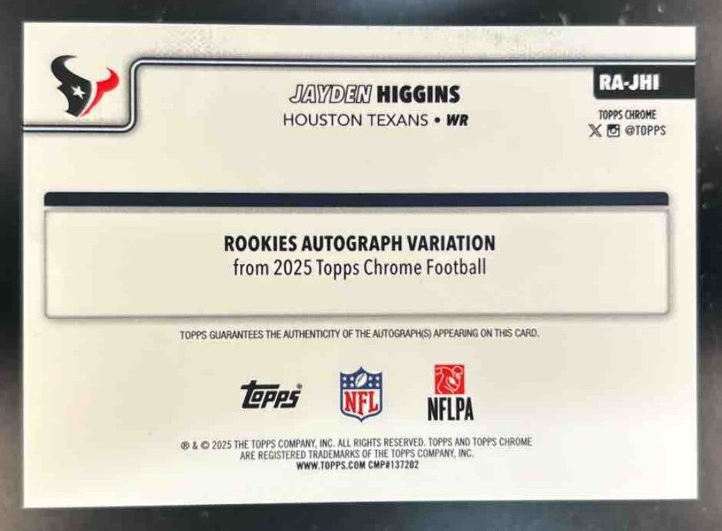 2025 Topps Chrome Jayden Higgins Auto Purple Geometric /75 RC Houston Texans - Sports Cards