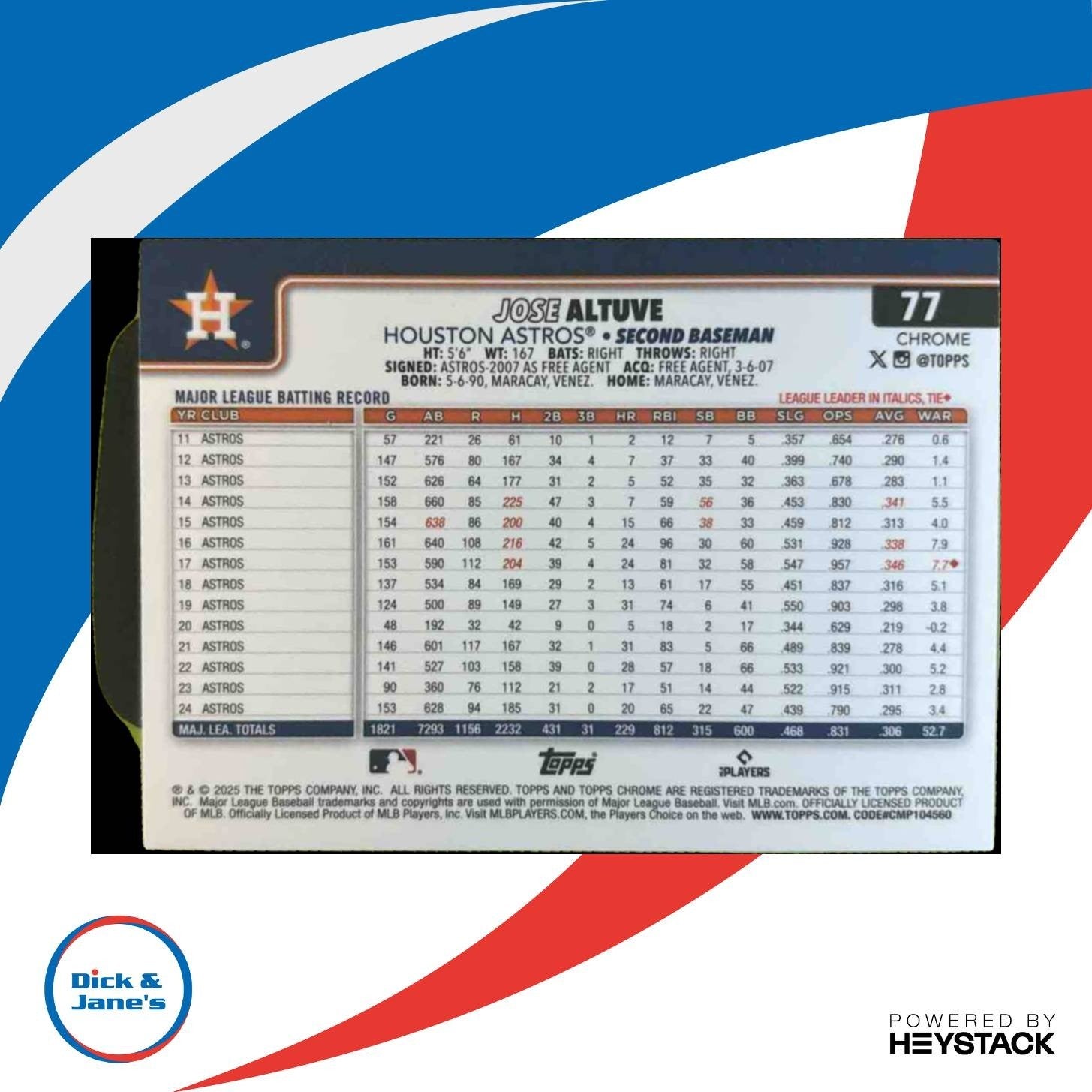 2025 Topps Chrome Jose Altuve Image Variation #77 Houston Astros - Sports Cards