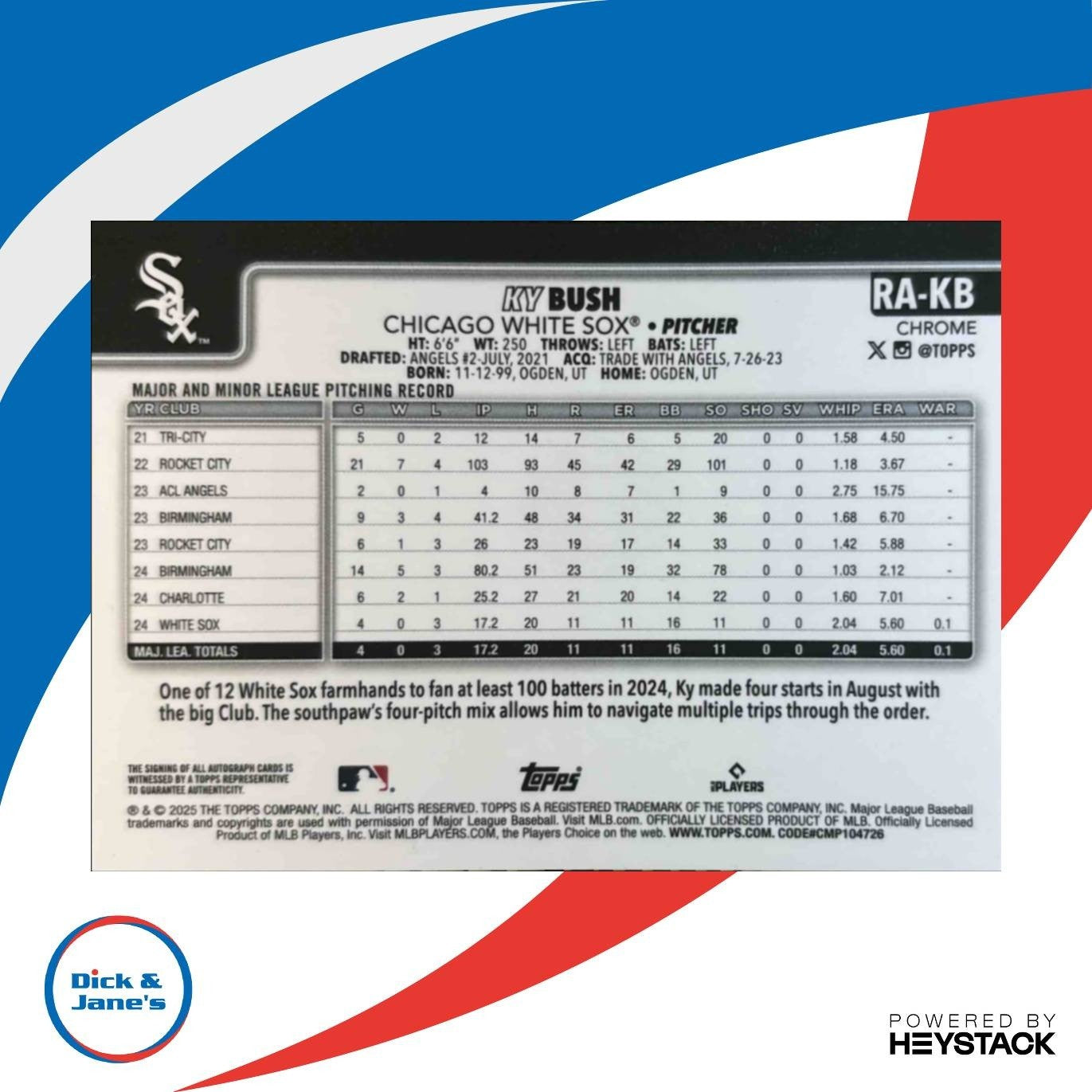 2025 Topps Chrome Ky Bush Rookie Auto #RA-KB RC Chicago White Sox - Sports Cards