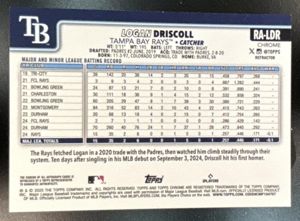 2025 Topps Chrome Logan Driscoll Auto Refractor /499 #RA-LDR RC Tampa Bay Rays - Sports Cards