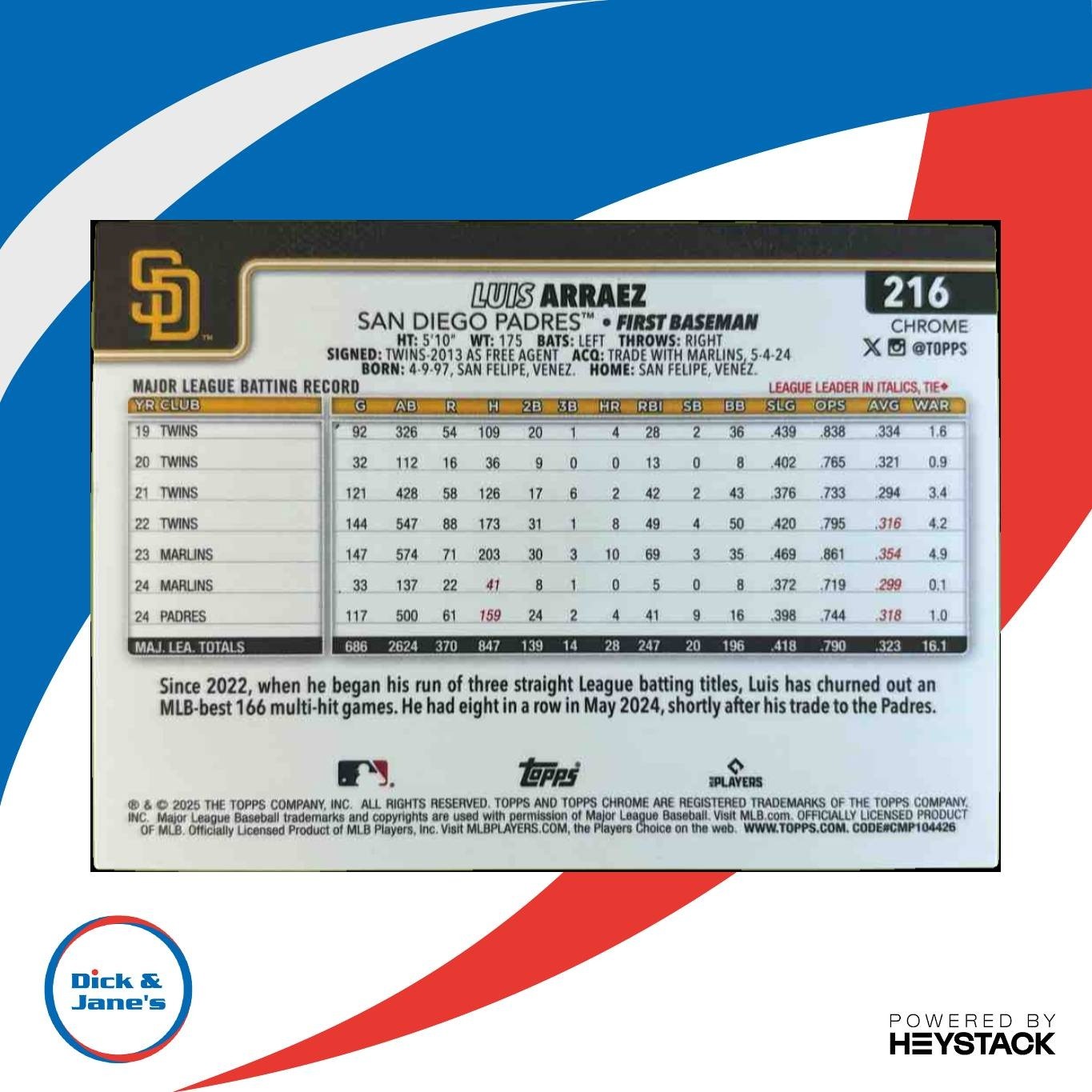 2025 Topps Chrome Luis Arraez Purple Refractor 108/250 #216 San Diego Padres - Sports Cards