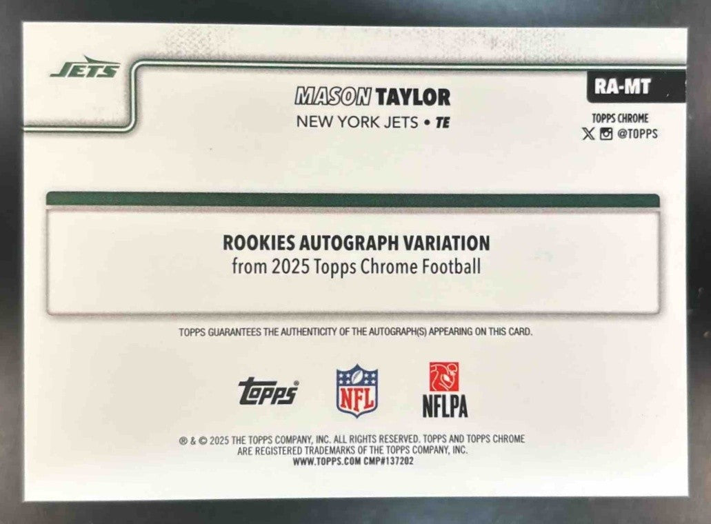 2025 Topps Chrome Mason Taylor Rookie Auto #RA-MT RC New York Jets - Sports Cards