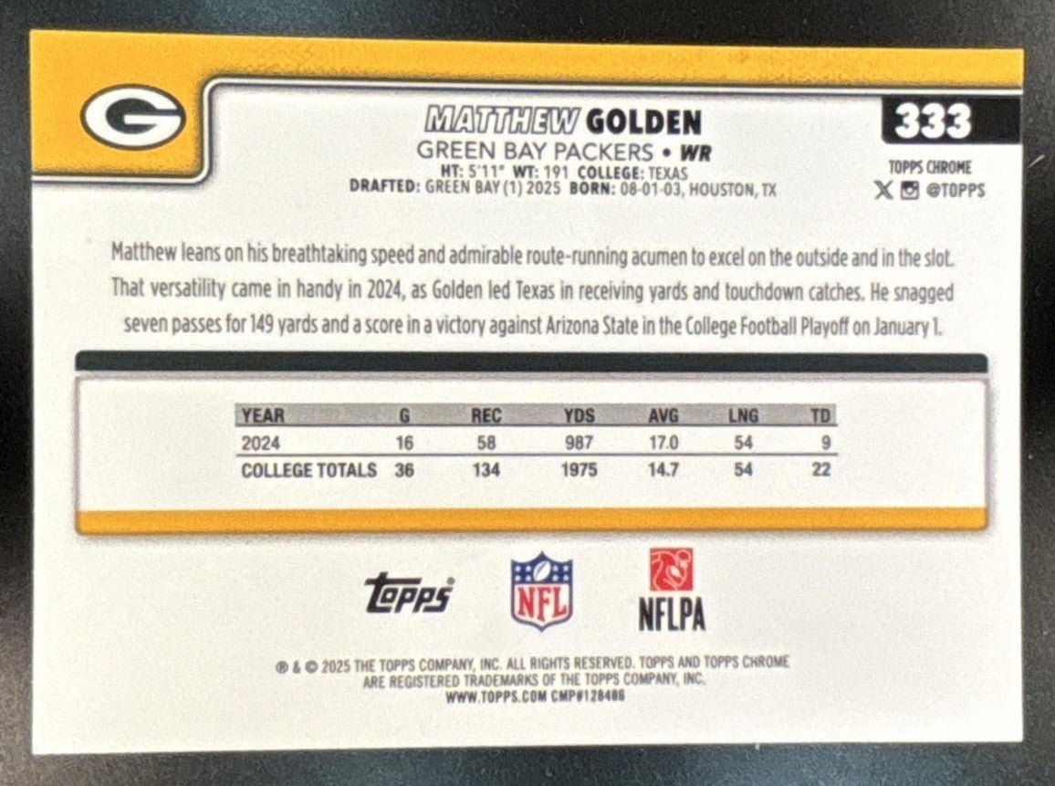 2025 Topps Chrome Matthew Golden RC Image Variation #333 RC SP Green Bay Packers - Sports Cards