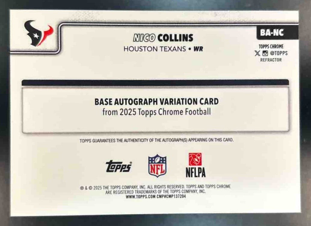 2025 Topps Chrome Nico Collins Auto Refractor /499 #BA-NC Houston Texans - Sports Cards
