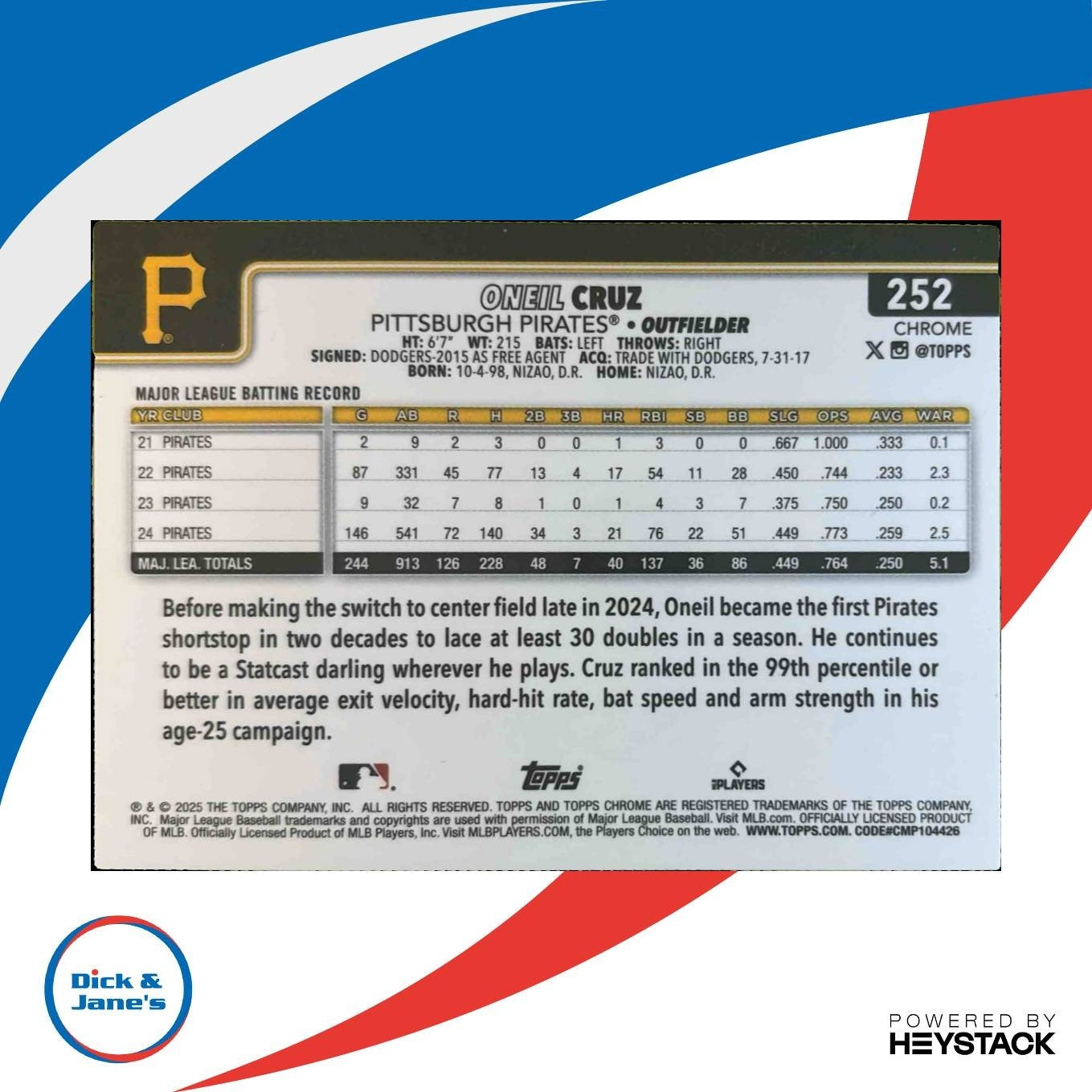 2025 Topps Chrome Oneil Cruz Purple RayWave /250 #252 Pittsburgh Pirates - Sports Cards