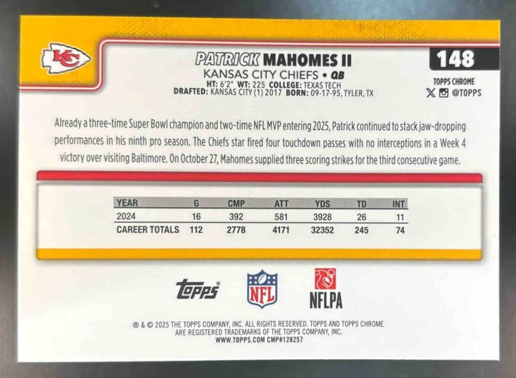 2025 Topps Chrome Patrick Mahomes II RayWave Refractor #148 Kansas City Chiefs - Sports Cards