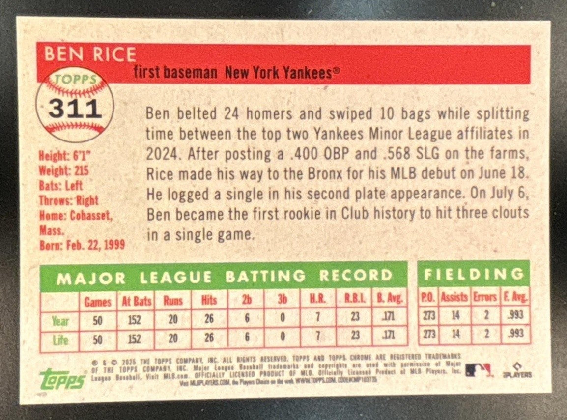 2025 Topps Chrome Platinum Anniversary Ben Rice Orange /25 #311 RC Yankees - Sports Cards