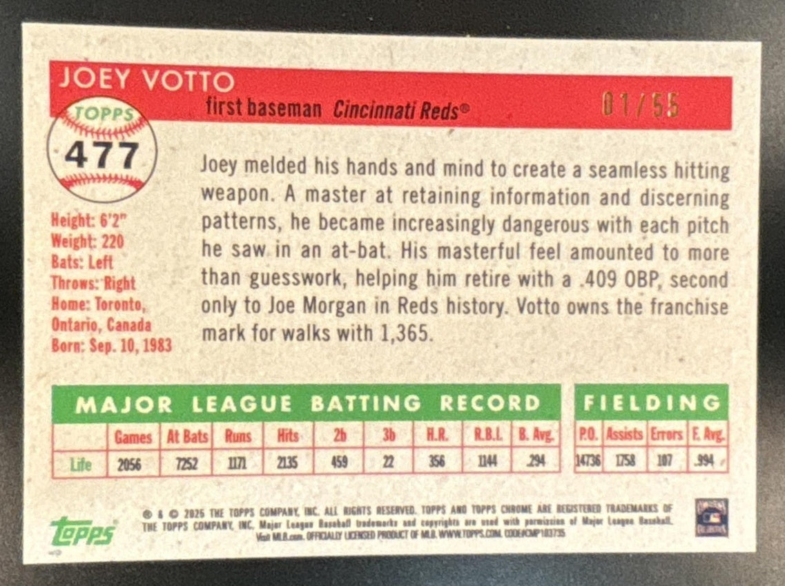 2025 Topps Chrome Platinum Anniversary Joey Votto Diamond Etch 1/55 #477 Reds - Sports Cards