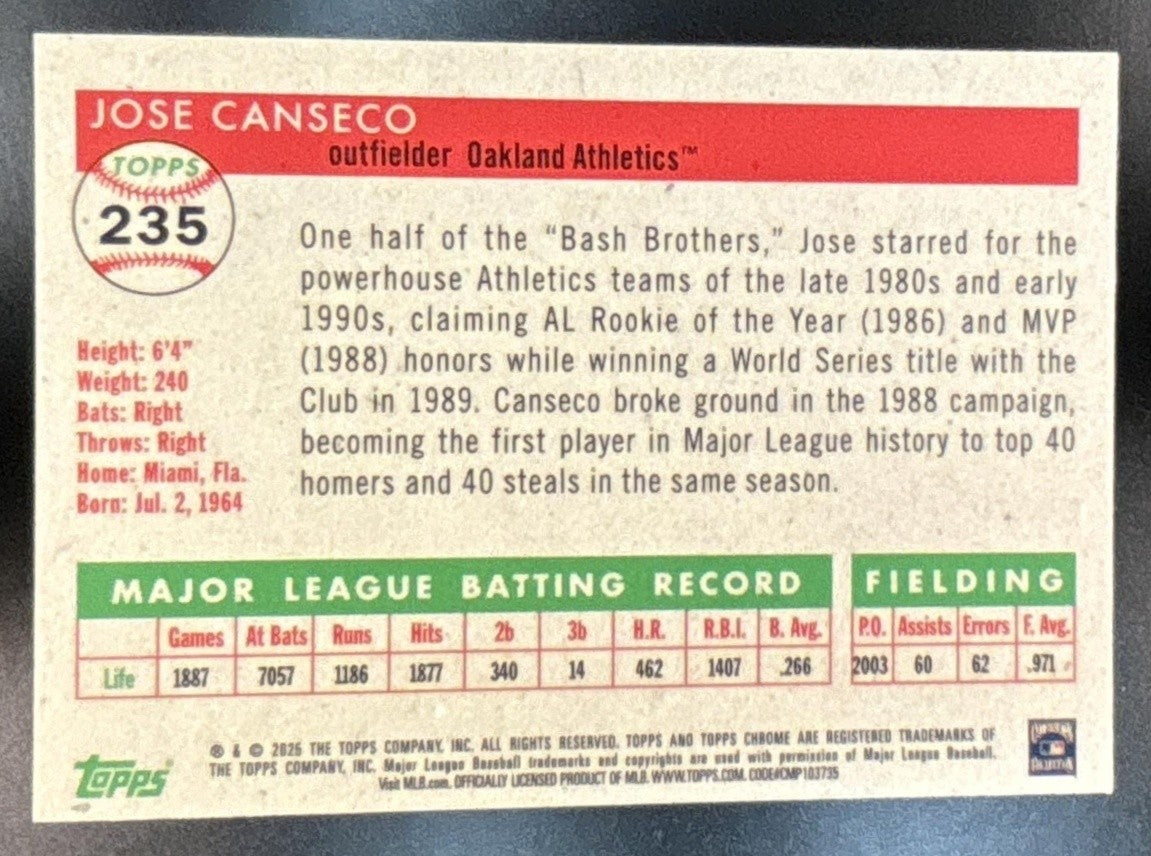 2025 Topps Chrome Platinum Anniversary Jose Canseco /75 #235 Oakland Athletics - Sports Cards