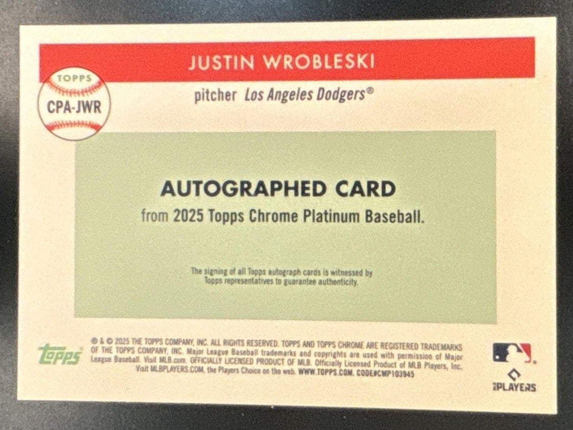 2025 Topps Chrome Platinum Anniversary Justin Wrobleski Auto Aqua /150 RC Dodger - Sports Cards
