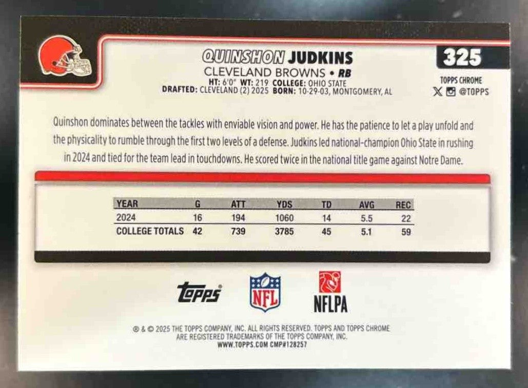 2025 Topps Chrome Quinshon Judkins Pink Wave /250 #325 RC Cleveland Browns - Sports Cards