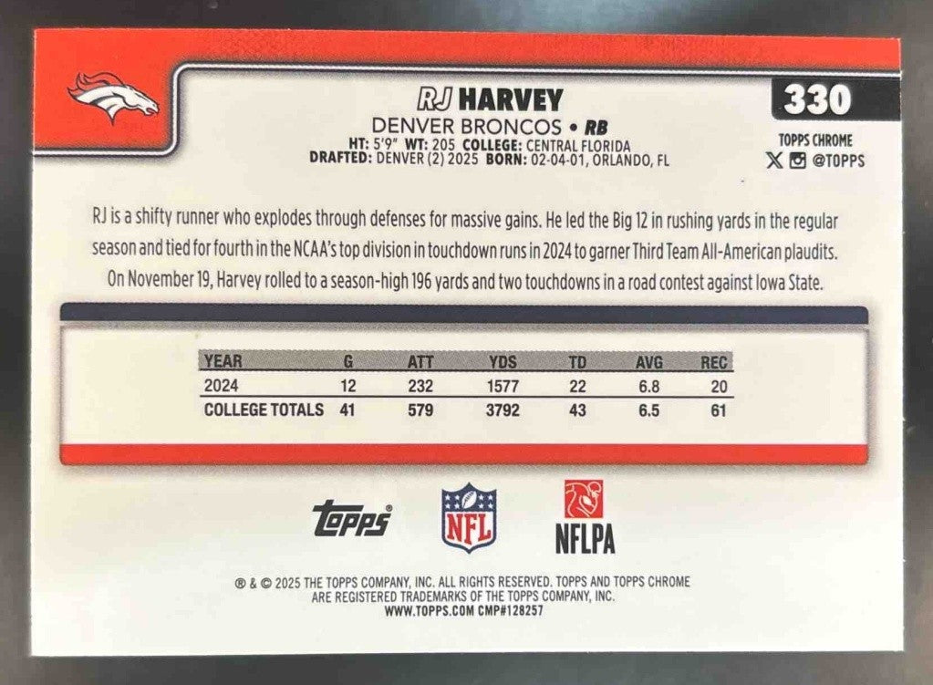 2025 Topps Chrome RJ Harvey Pink Wave Refractor /250 #330 RC Denver Broncos - Sports Cards