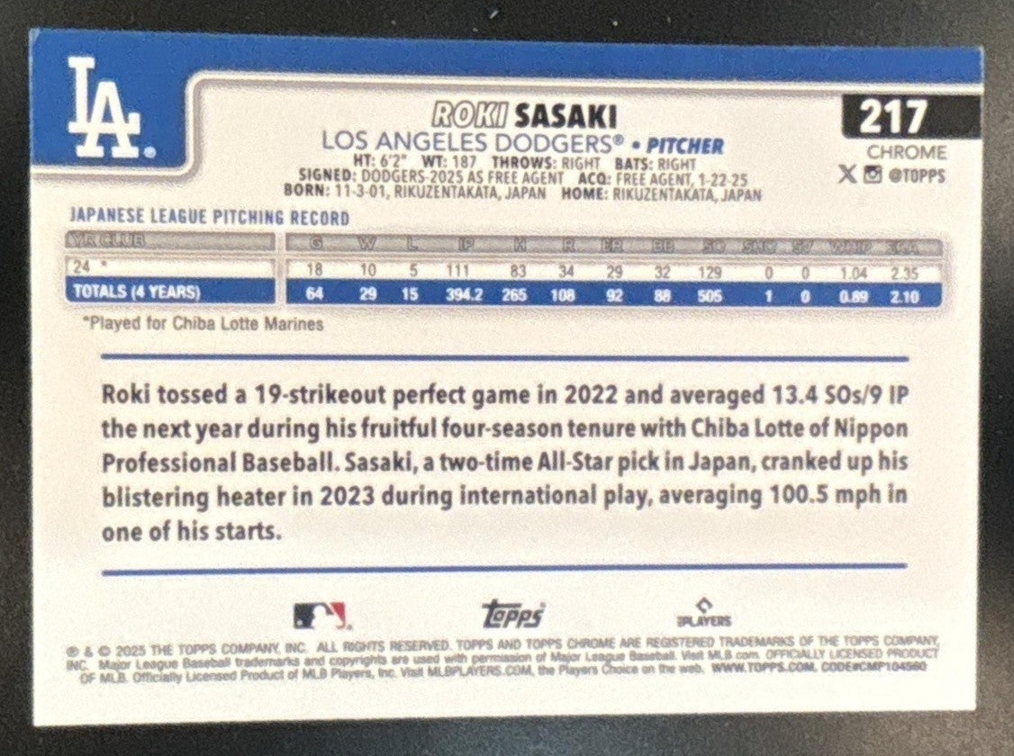 2025 Topps Chrome Roki Sasaki Image Variation #217 RC Los Angeles Dodgers - Sports Cards
