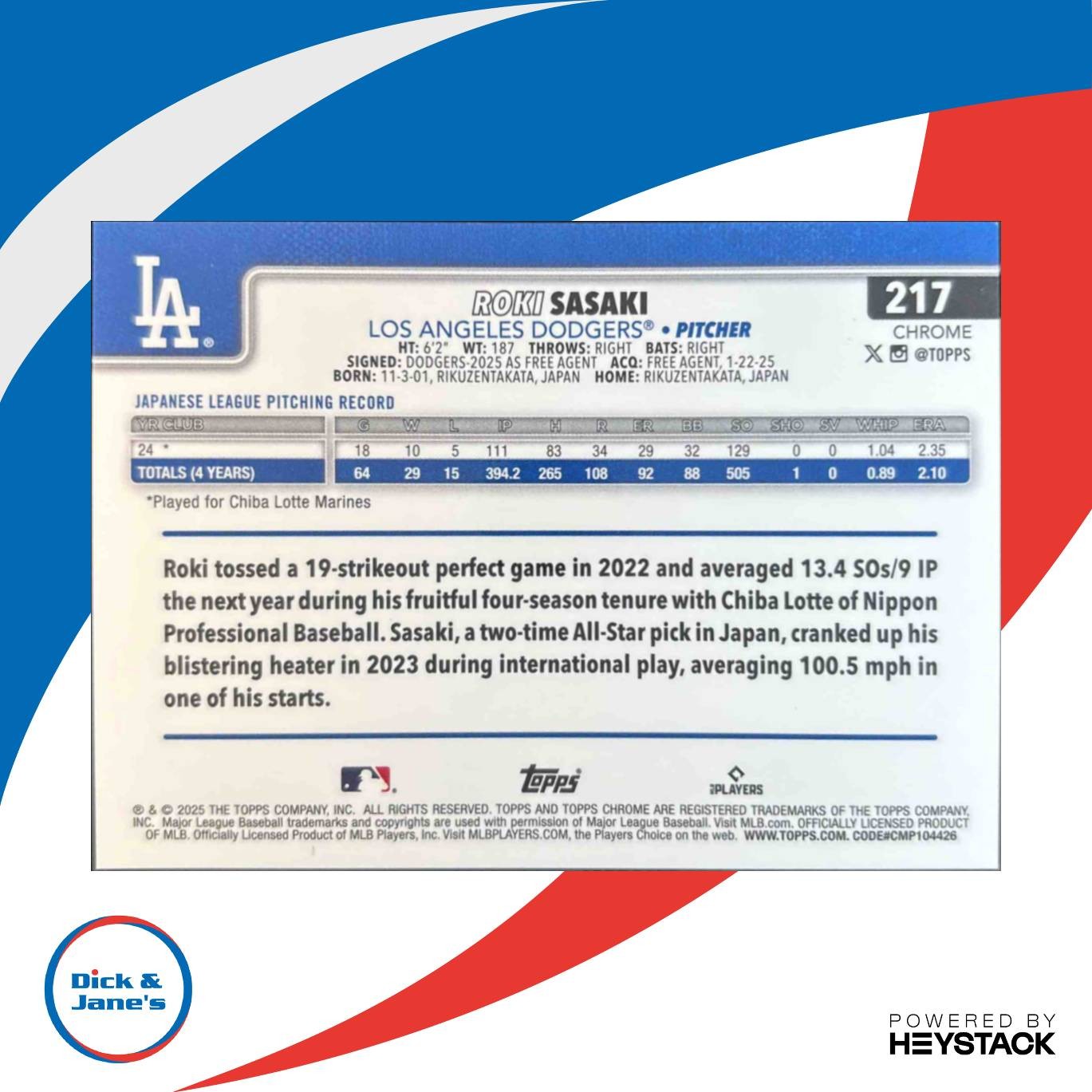 2025 Topps Chrome Roki Sasaki Orange RayWave Refractor 4/25 #217 RC Dodgers - Sports Cards