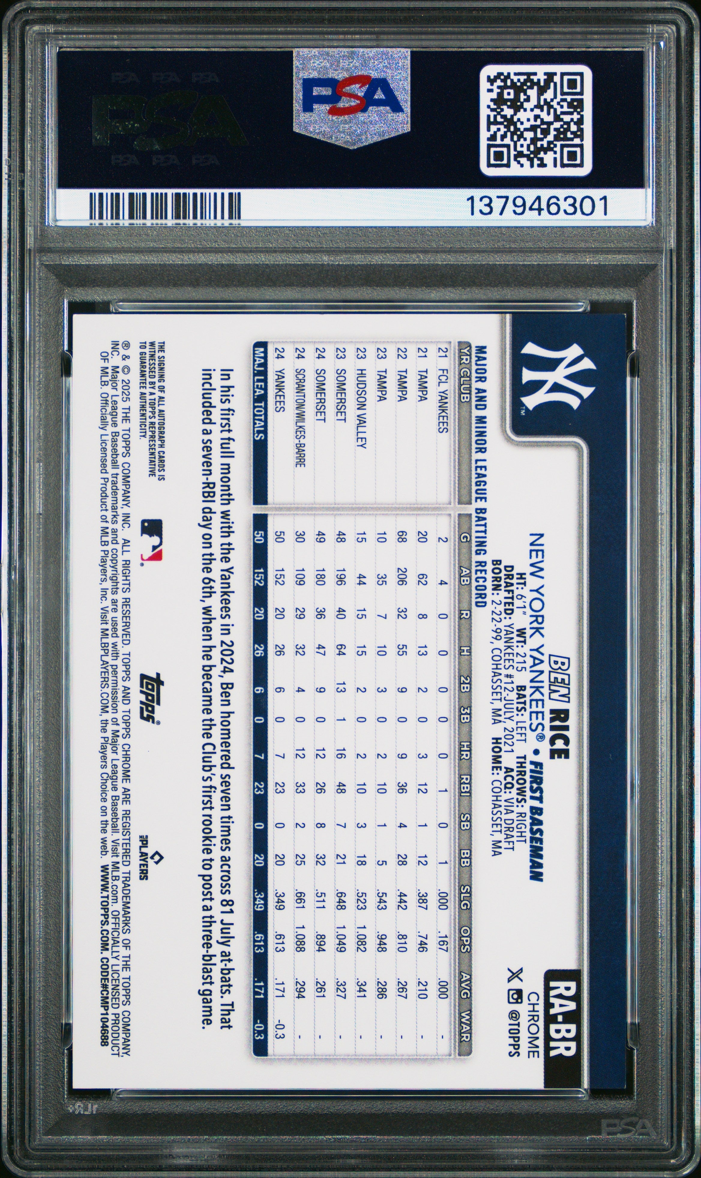 2025 Topps Chrome Rookie Autographs Ben Rice Purple Speckle Rookie /299 PSA 9 - Graded Sports Cards