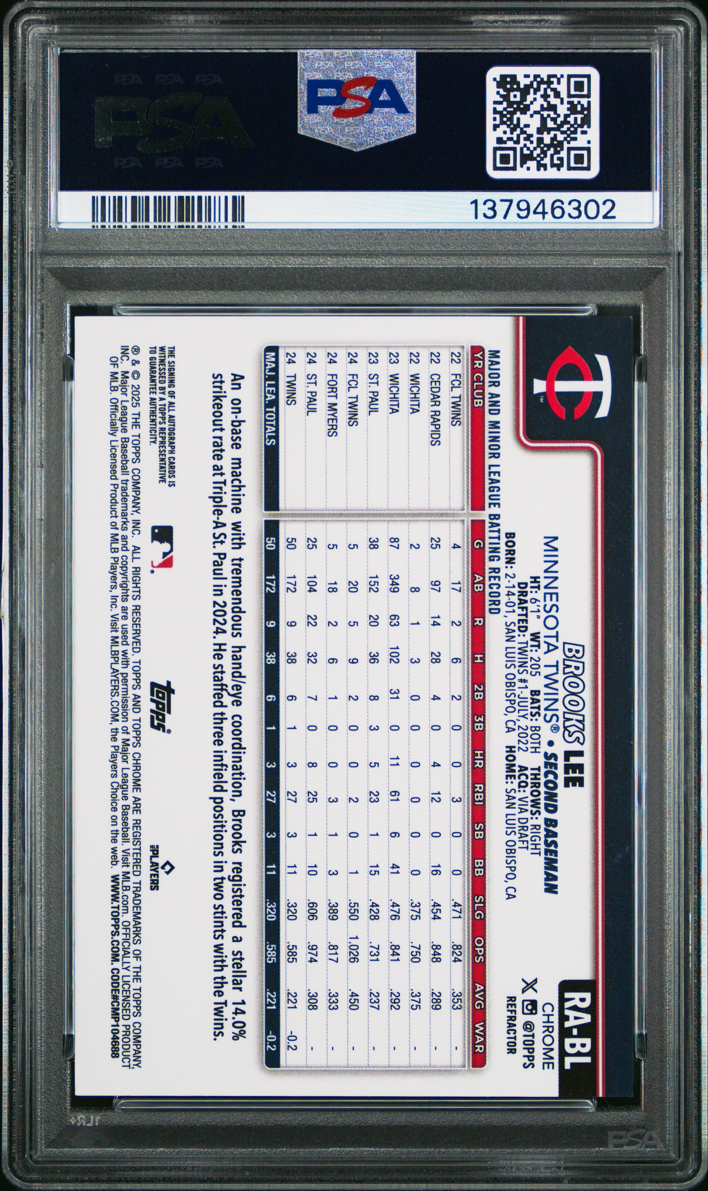 2025 Topps Chrome Rookie Autographs Brooks Lee Refractor Rookie #RABL PSA 9 MINT - Graded Sports Cards