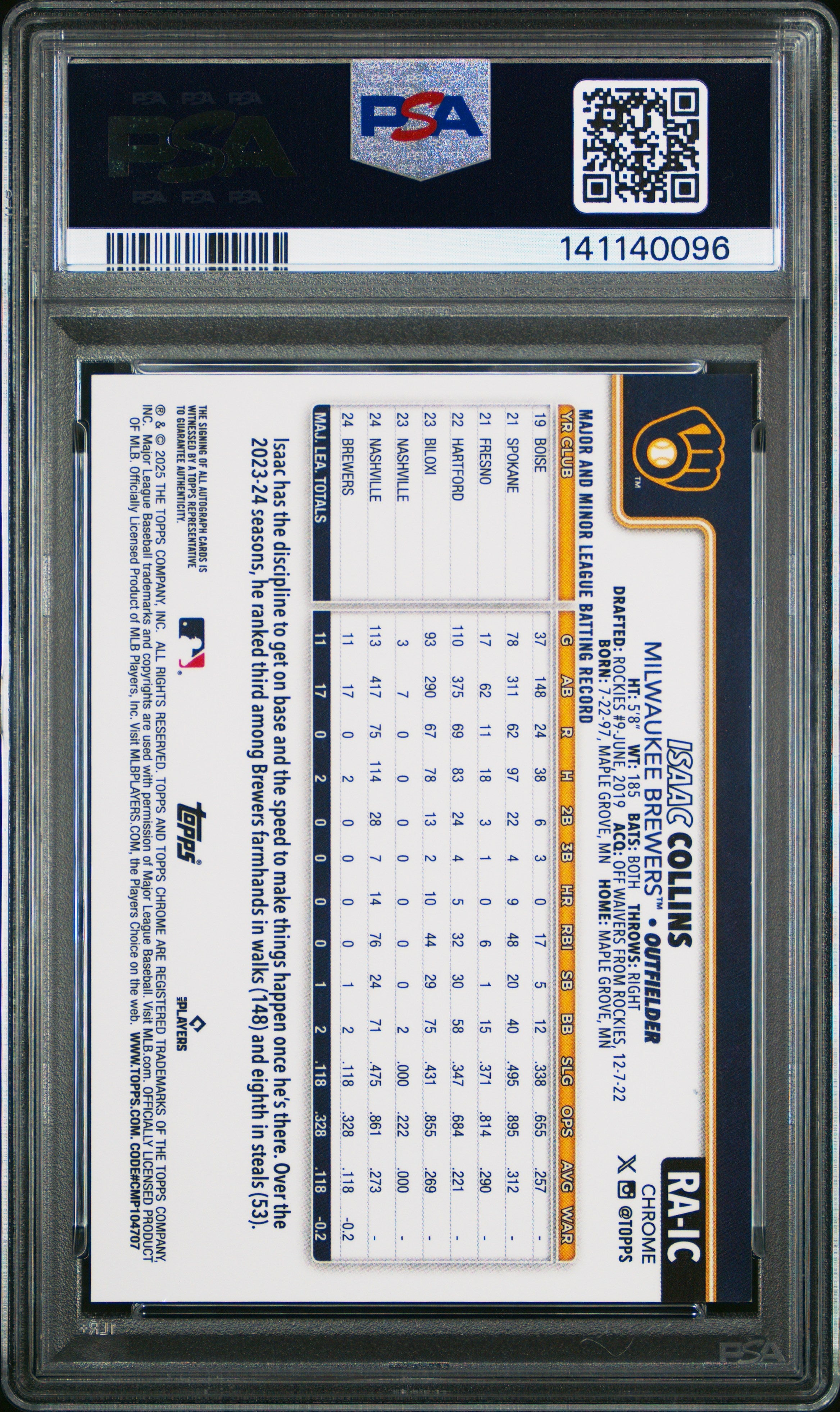 2025 Topps Chrome Rookie Autographs Isaac Collins Purple Speckle /299 PSA 9 - Graded Sports Cards