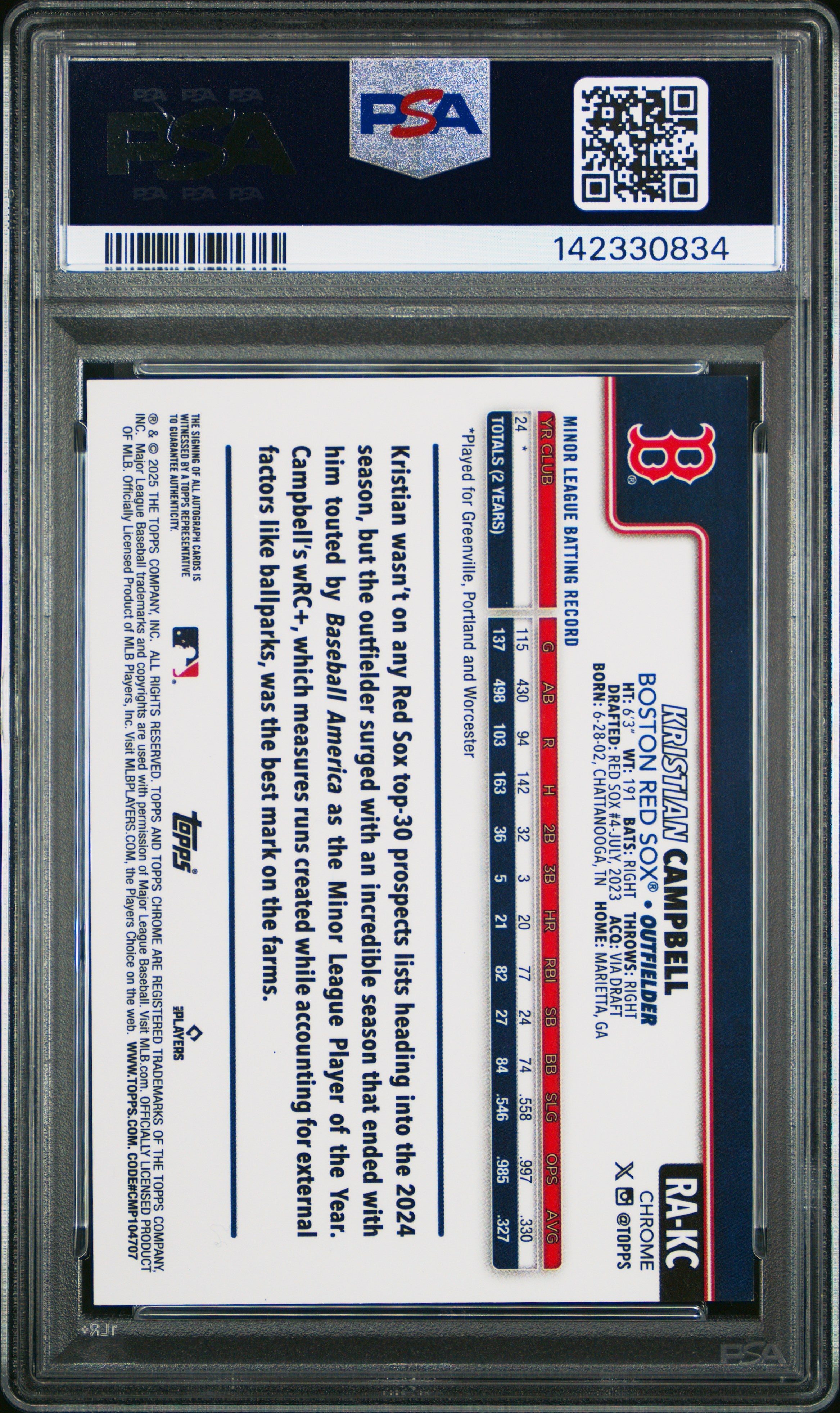 2025 Topps Chrome Rookie Autographs Kristian Campbell #RAKC PSA 9 - Graded Sports Cards