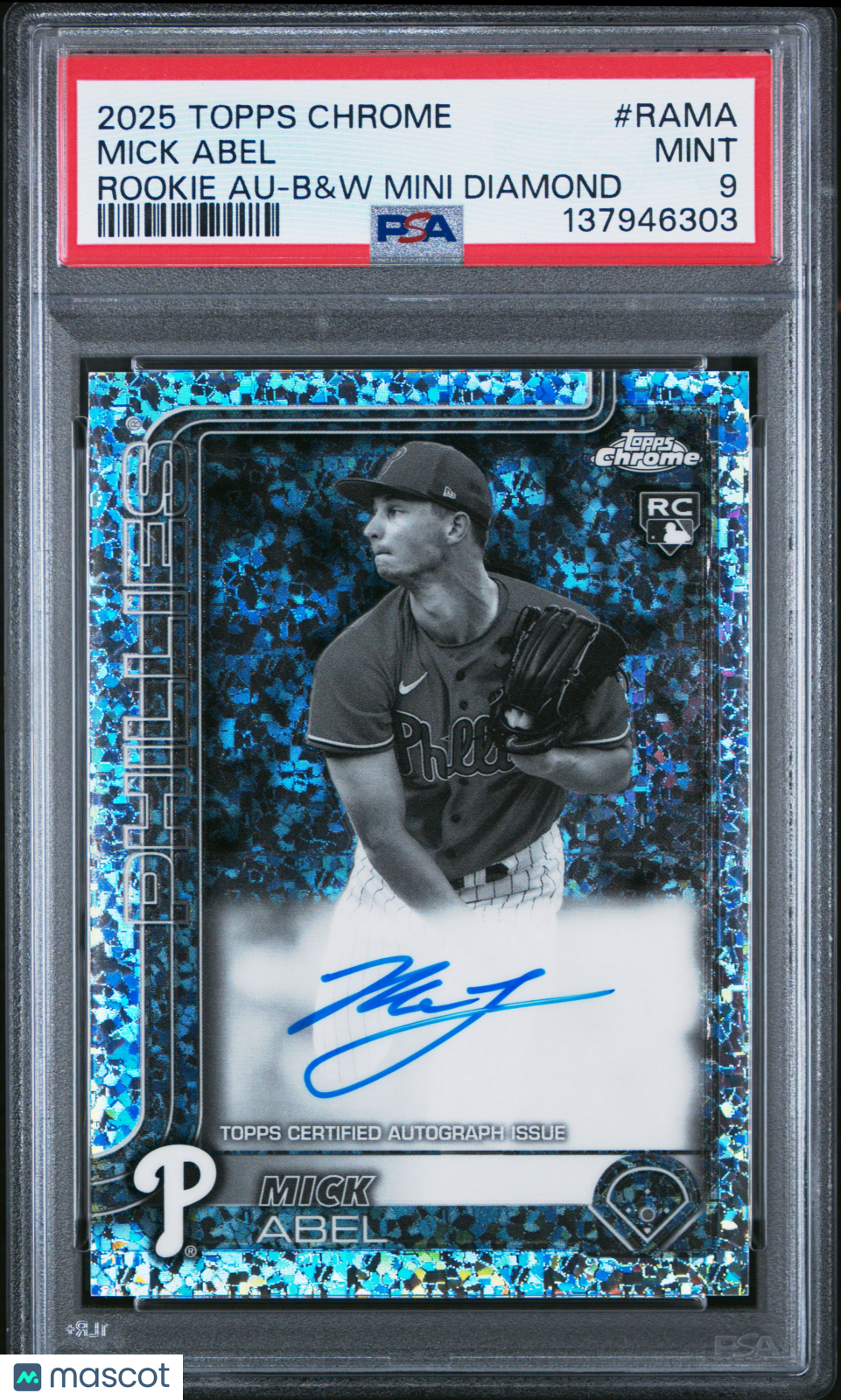 2025 Topps Chrome Rookie Autographs Mick Abel B&W Mini Diamond Rookie PSA 9 MINT - Graded Sports Cards