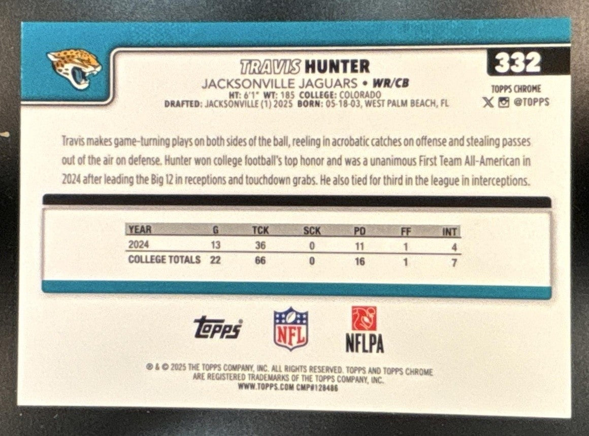 2025 Topps Chrome Sapphire Travis Hunter Image Variation #332 SP RC VAR Jaguars - Sports Cards