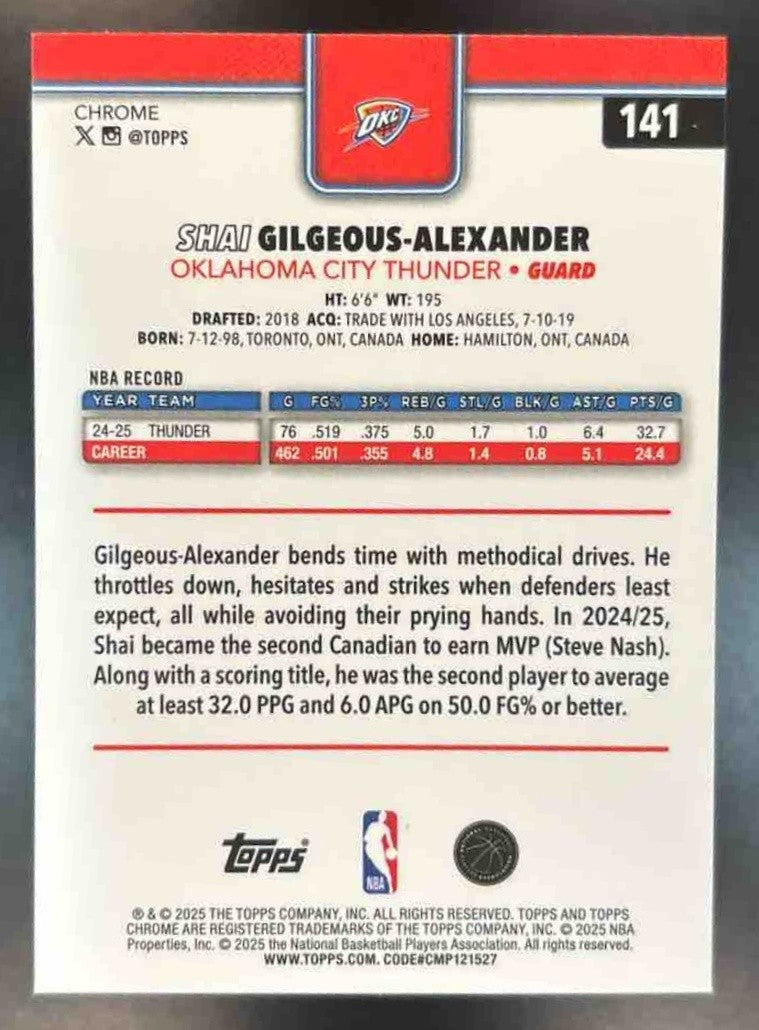 2025 Topps Chrome Shai Gilgeous-Alexander #141 Oklahoma City Thunder - Sports Cards