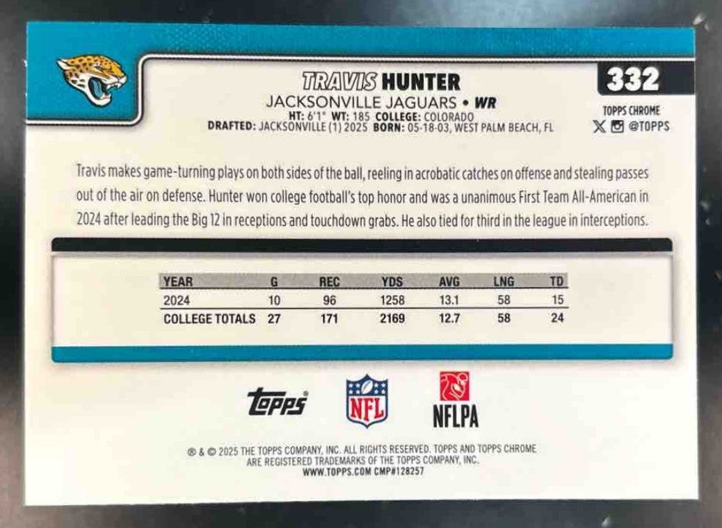 2025 Topps Chrome Travis Hunter Lime Green xFractor #332 RC Jacksonville Jaguars - Sports Cards