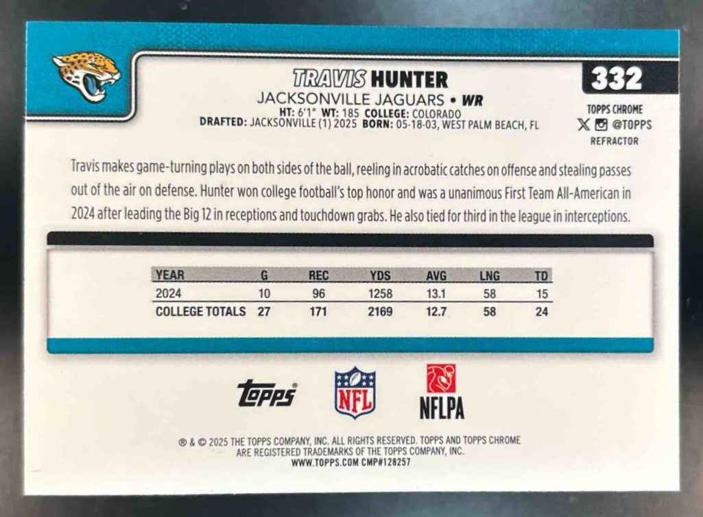 2025 Topps Chrome Travis Hunter Rookie Refractor #332 RC Jacksonville Jaguars - Sports Cards