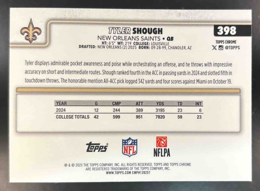 2025 Topps Chrome Tyler Shough Geometric Refractor #398 RC New Orleans Saints - Sports Cards