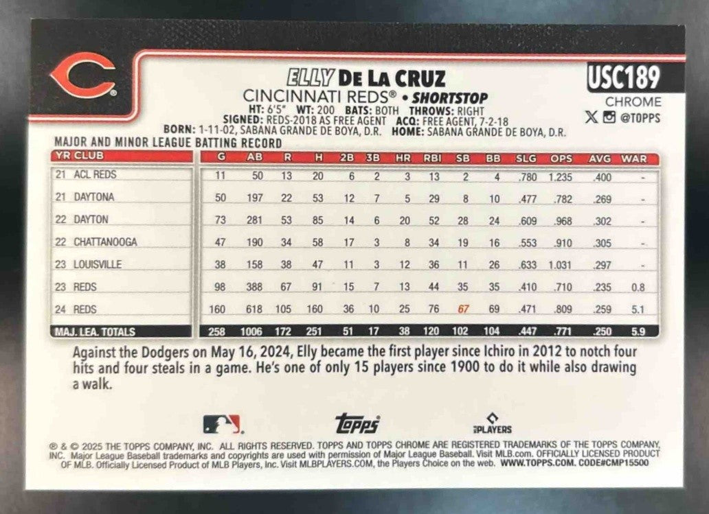 2025 Topps Chrome Update Elly De La Cruz White Refractor /30 #USC189 Reds - Sports Cards
