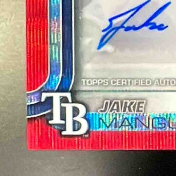 2025 Topps Chrome Update Jake Mangum #AC-JM Auto Red Wave Refractor 1/5 RC Rays - Sports Cards