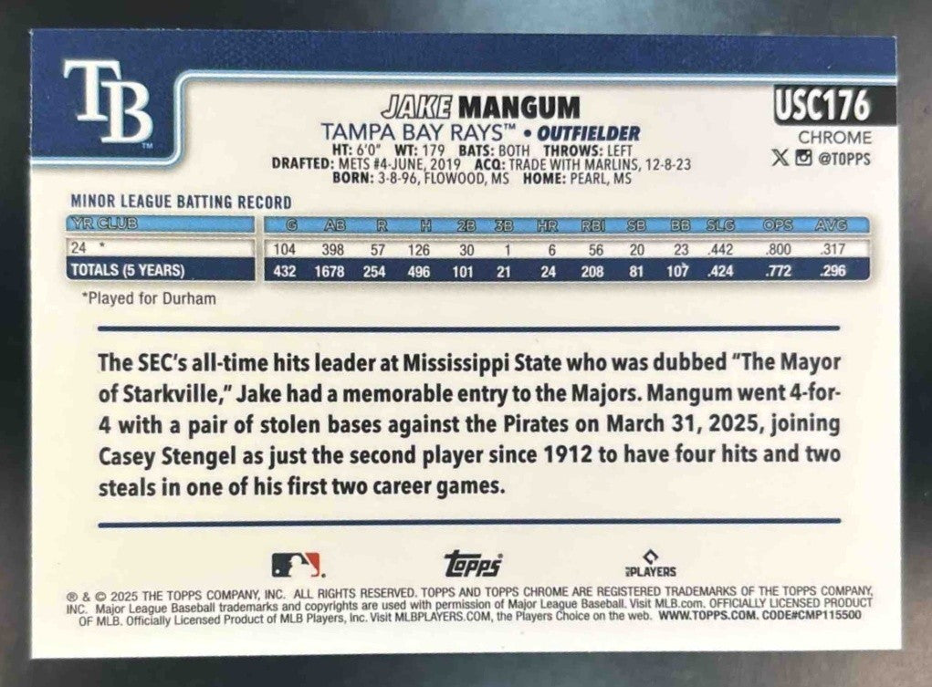 2025 Topps Chrome Update Jake Mangum Blue RayWave /150 #USC176 RC Tampa Bay Rays - Sports Cards