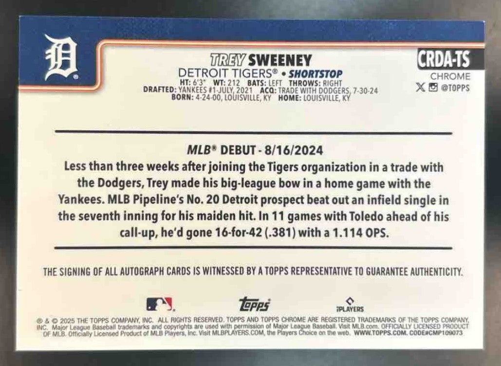 2025 Topps Chrome Update Trey Sweeney Auto Purple Speckle /299 RC Detroit Tigers - Sports Cards