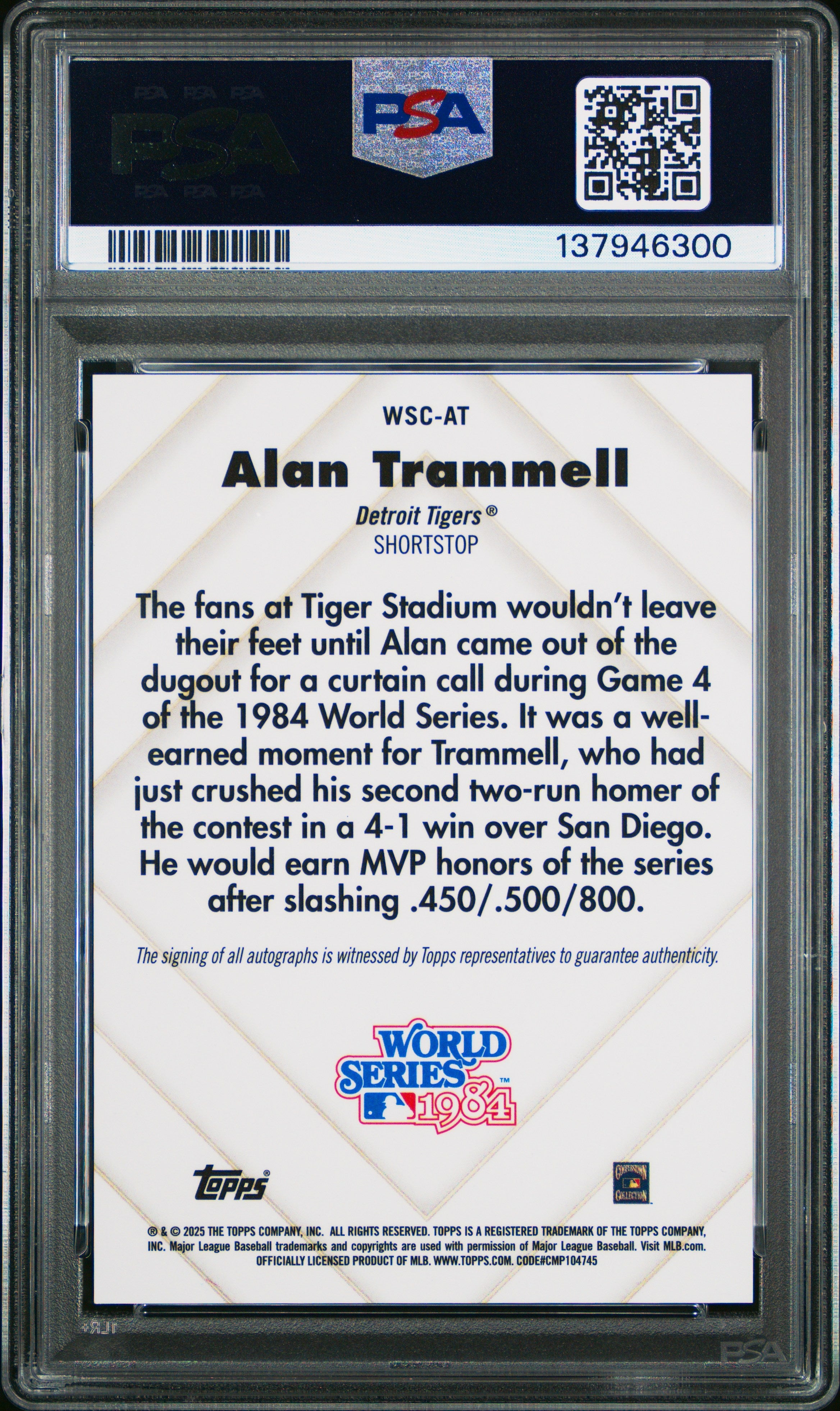 2025 Topps Chrome World Series Champions Auto Alan Trammell /100 PSA 9 MINT - Graded Sports Cards
