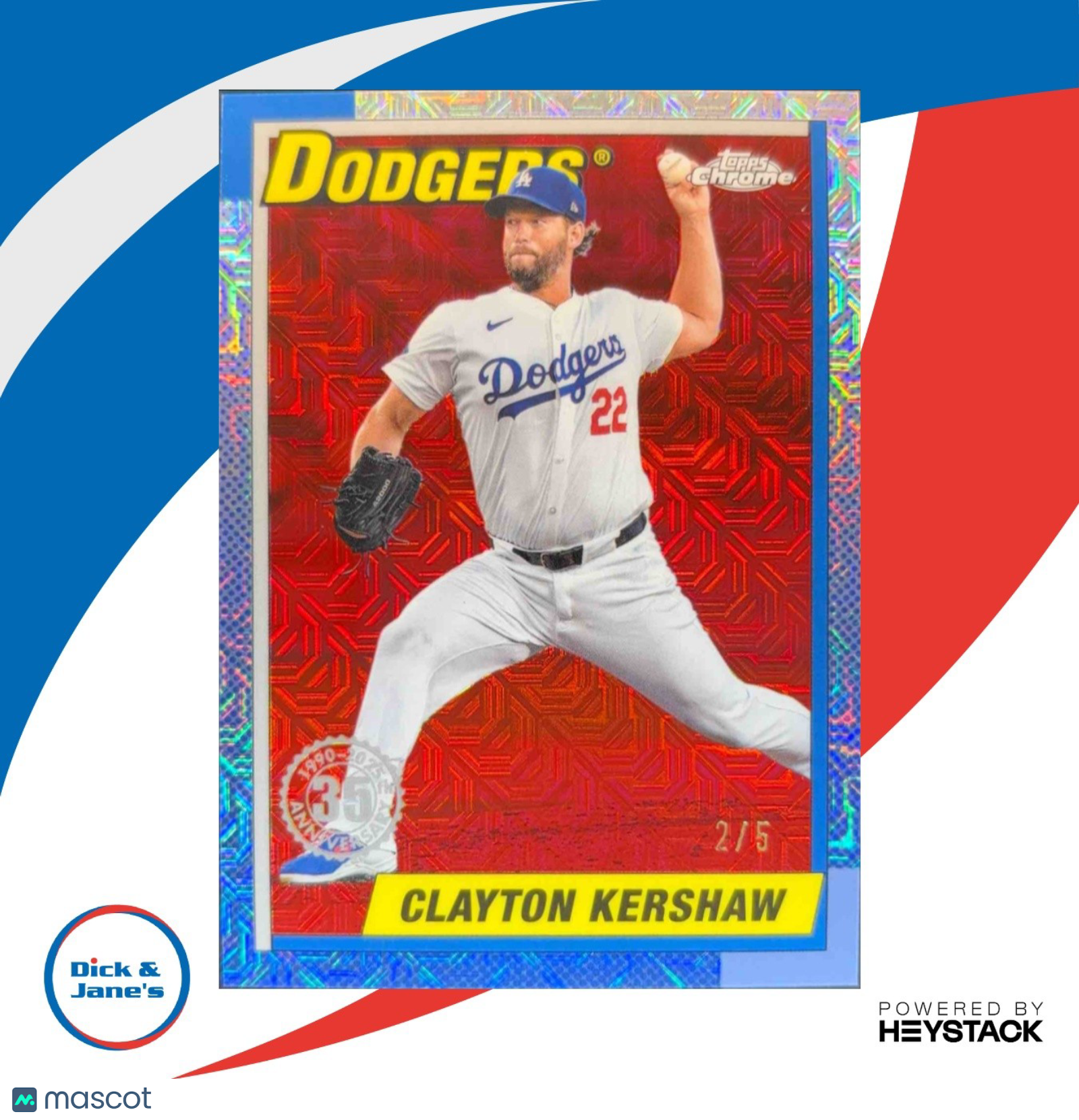 2025 Topps Clayton Kershaw 1990 Chrome Silver Pack Red Refractor 2/5 Dodgers - Sports Cards