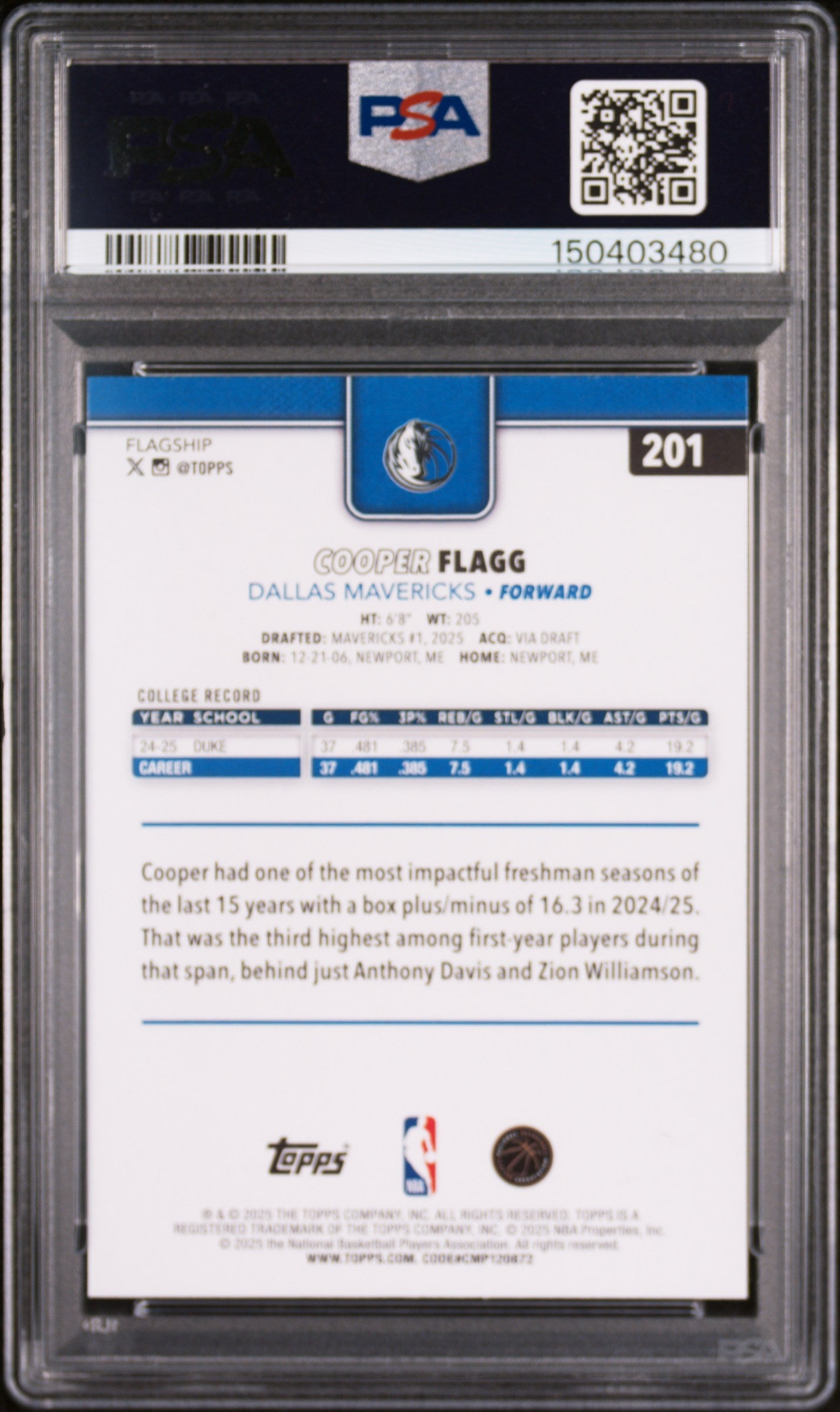2025 Topps Cooper Flagg #201 PSA 10 - Graded Sports Cards