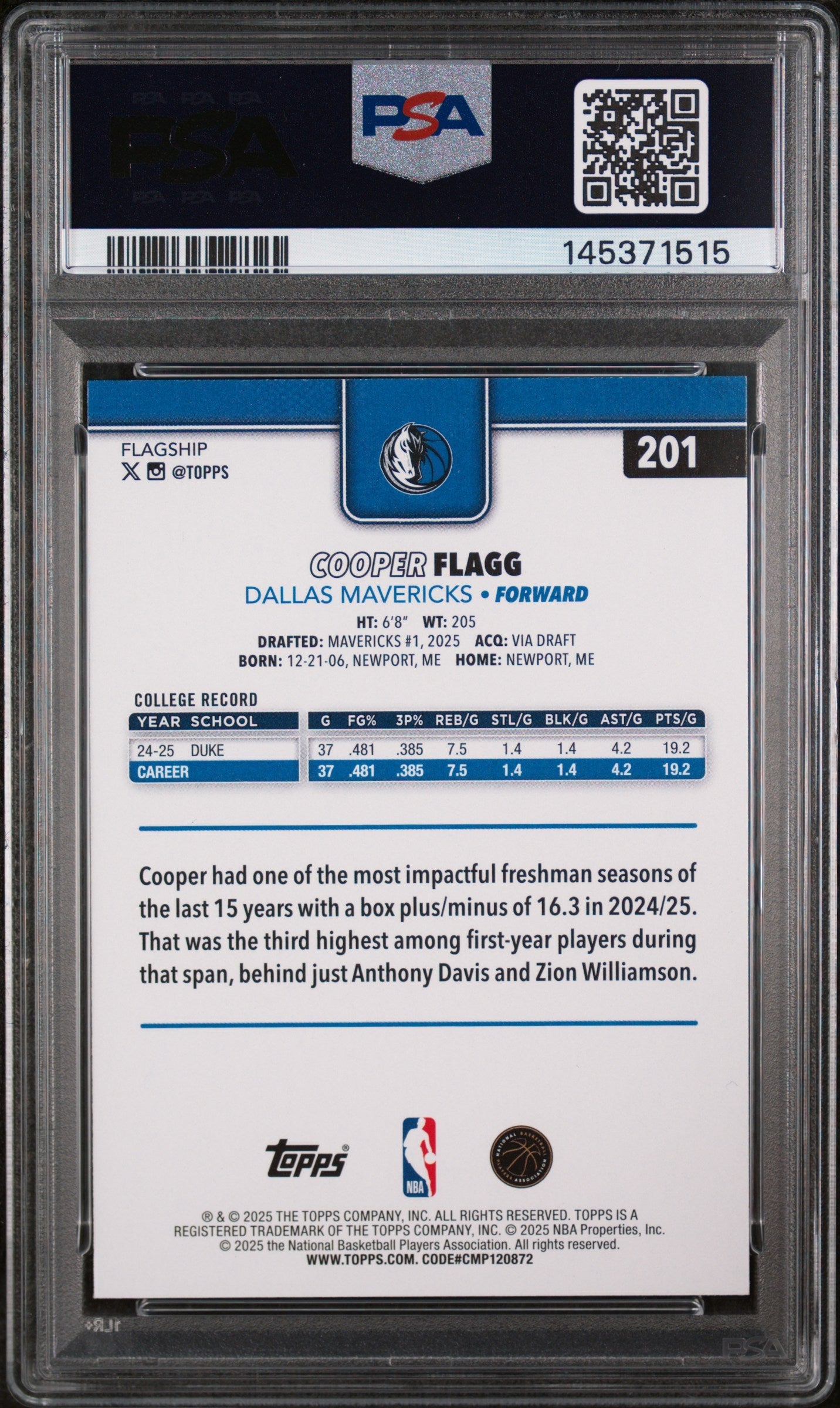 2025 Topps Cooper Flagg Season Tip Off Rookie #201 PSA 10 GEM MINT Mavericks - Graded Sports Cards