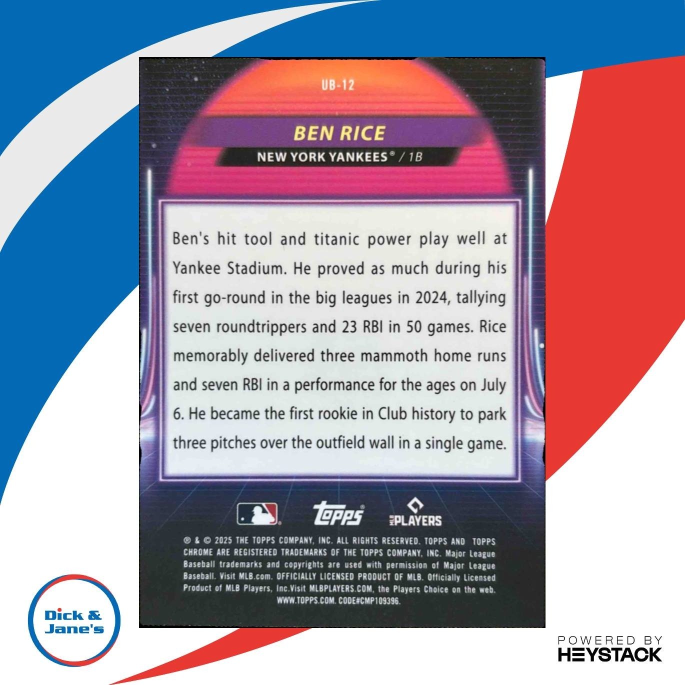 2025 Topps Cosmic Chrome Ben Rice Ultraviolet Beam #UB-12 RC New York Yankees - Sports Cards