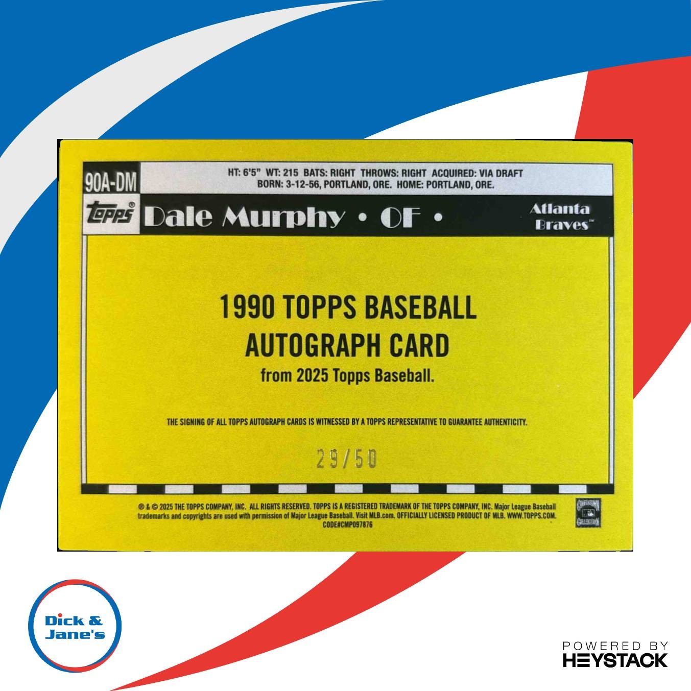 2025 Topps Dale Murphy 1990 Baseball Auto S1 Gold 29/50 #90A-DM Atlanta Braves - Sports Cards