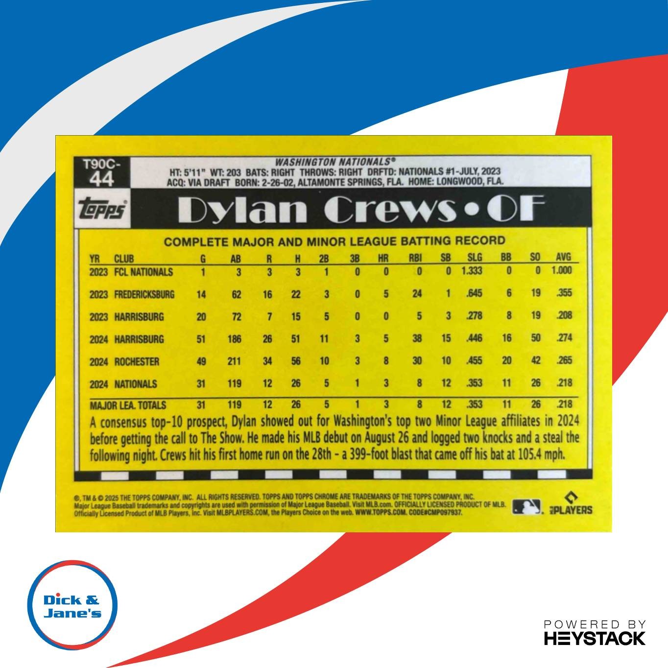 2025 Topps Dylan Crews 1990 Chrome Silver Pack #T90C-44 RC Washington Nationals - Sports Cards