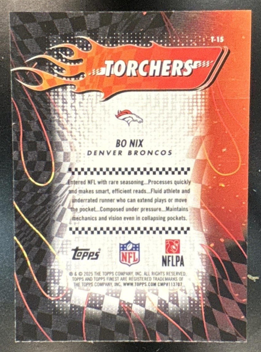 2025 Topps Finest Bo Nix Torchers Green Refractor /75 #T-15 Denver Broncos - Sports Cards