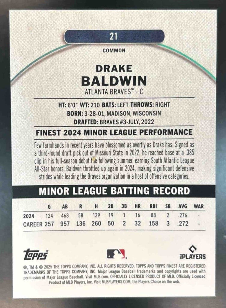 2025 Topps Finest Drake Baldwin Common #21 RC Atlanta Braves - Sports Cards