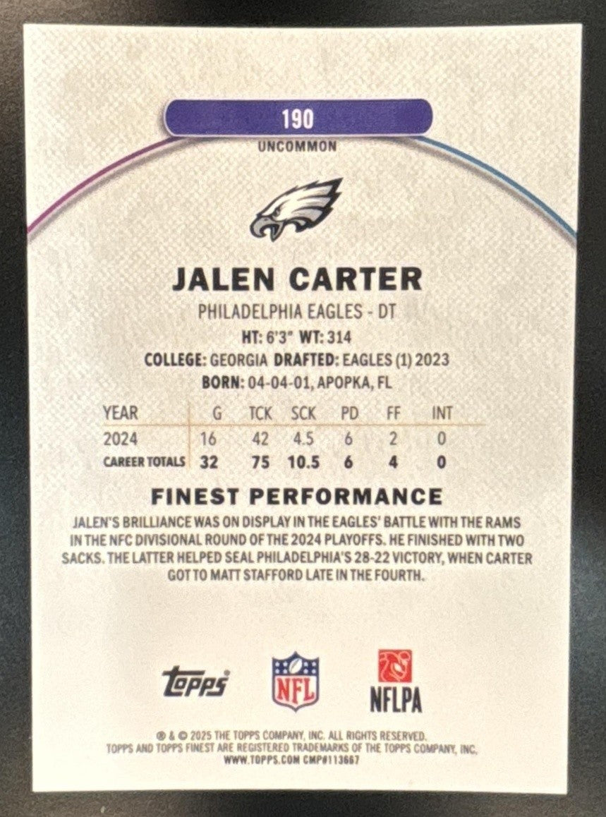 2025 Topps Finest Jalen Carter Black Geometric 1/15 #190 Philadelphia Eagles - Sports Cards