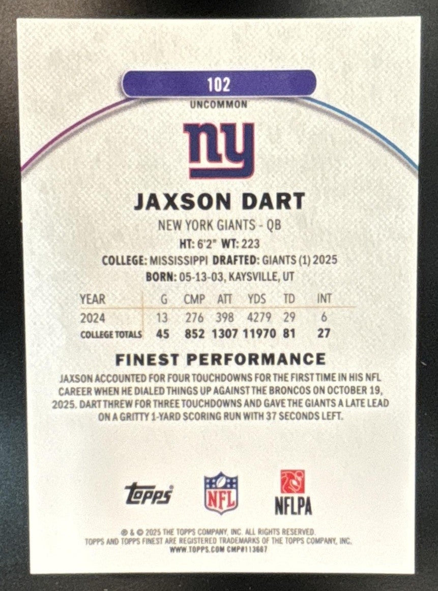 2025 Topps Finest Jaxson Dart Green Geometric Refractor /35 #102 Giants - Sports Cards