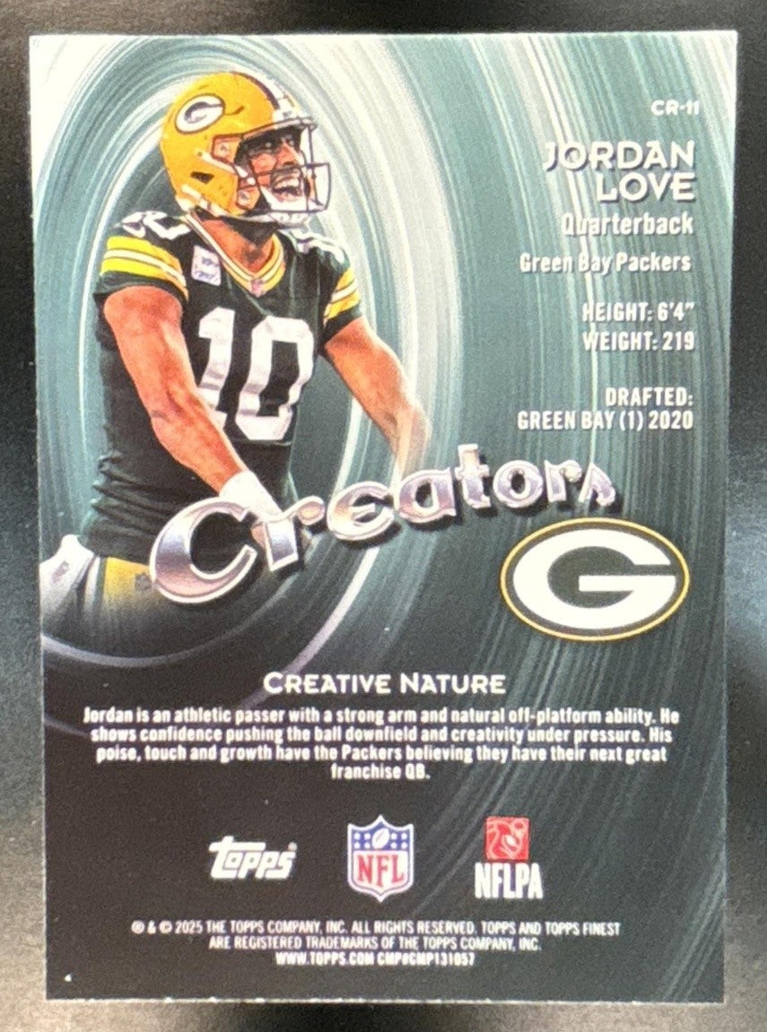 2025 Topps Finest Jordan Love Creators Blue Refractor /99 #CR-11 Packers - Sports Cards